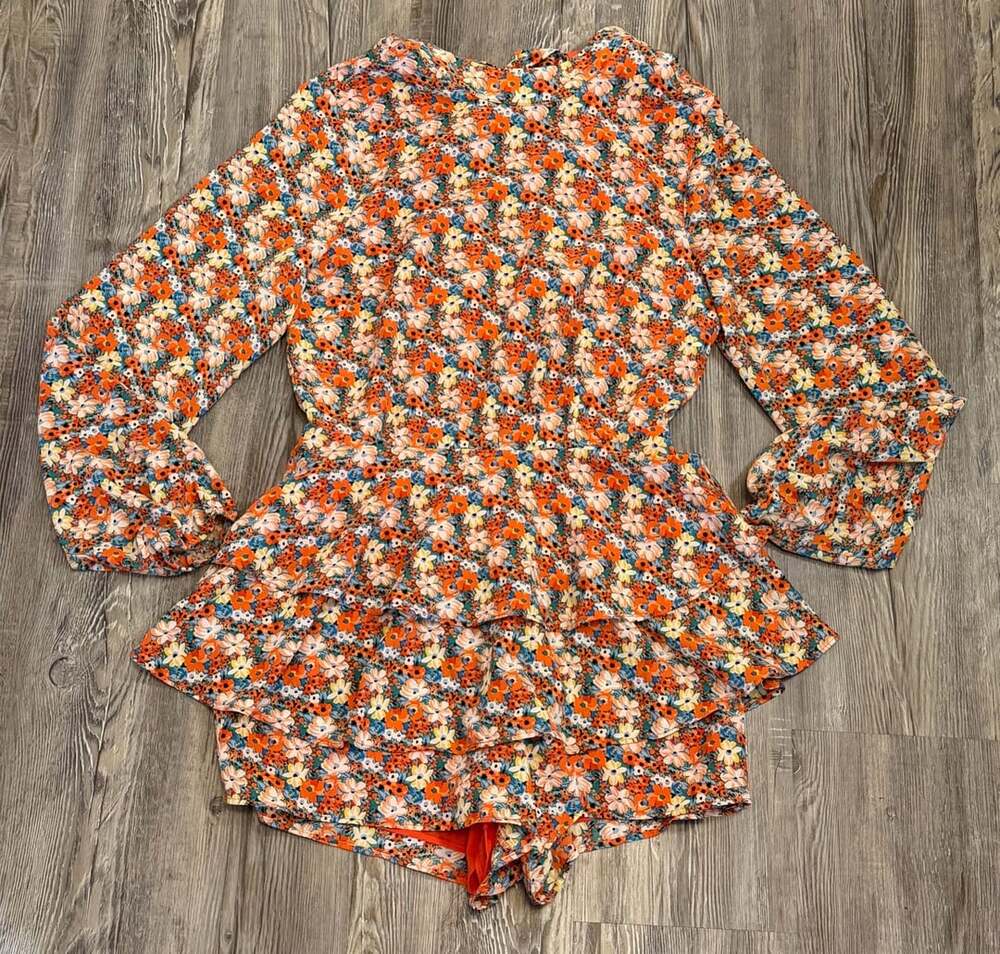 endless rose Floral Ruffle Romper Size XS Orange Long Sleeve